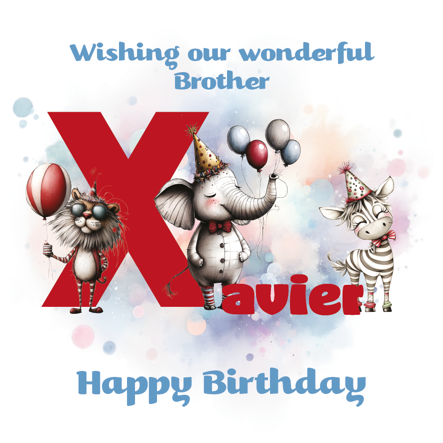 Birthday card with cartoon animals the letter x and personalized text on a decorative background.