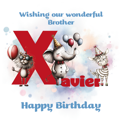 Birthday card with cartoon animals the letter x and personalized text on a decorative background.