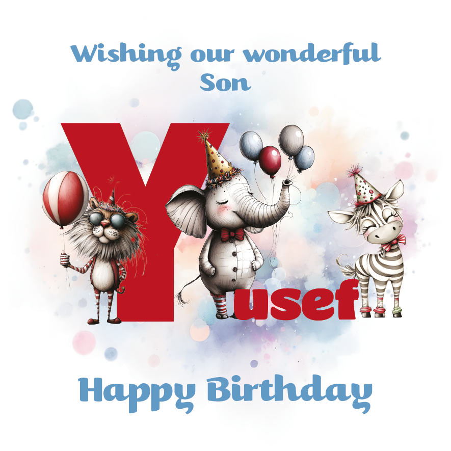 Birthday card with cartoon animals the letter Y and personalized text on a decorative background.