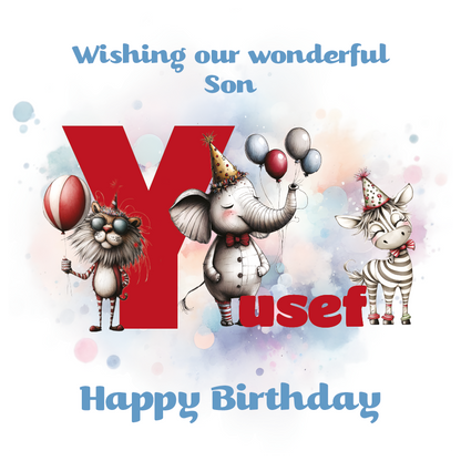 Birthday card with cartoon animals the letter Y and personalized text on a decorative background.