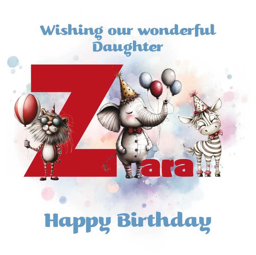 Birthday card with cartoon animals the letter Z and personalized text on a decorative background.