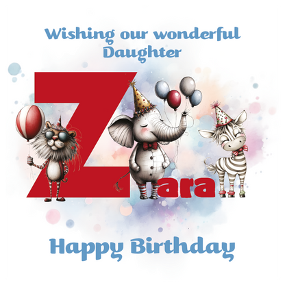 Birthday card with cartoon animals the letter Z and personalized text on a decorative background.