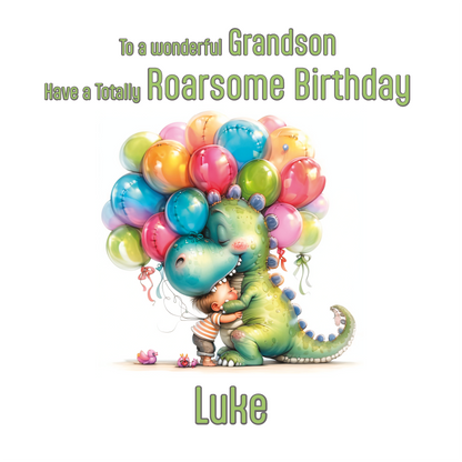 Birthday card with a dinosaur holding balloons and personalized text on a white background