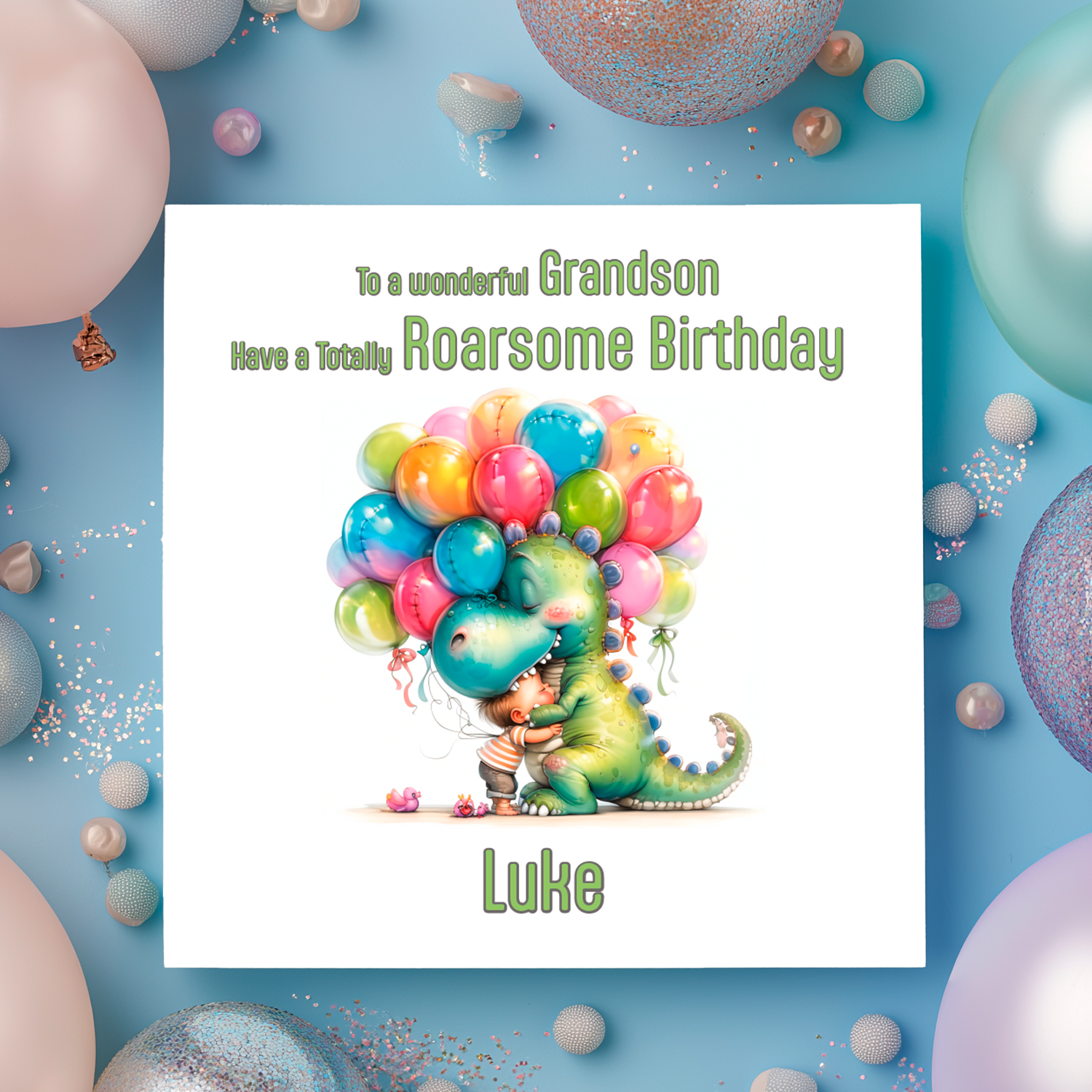 Birthday card for a grandson with balloons and dinosaur illustration, surrounded by colorful balloons on a blue background.