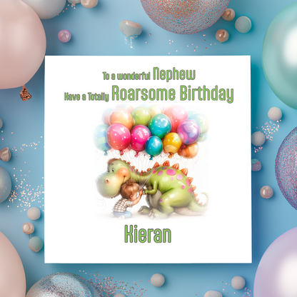 Birthday card for a nephew with balloons and a dinosaur illustration on a blue background.