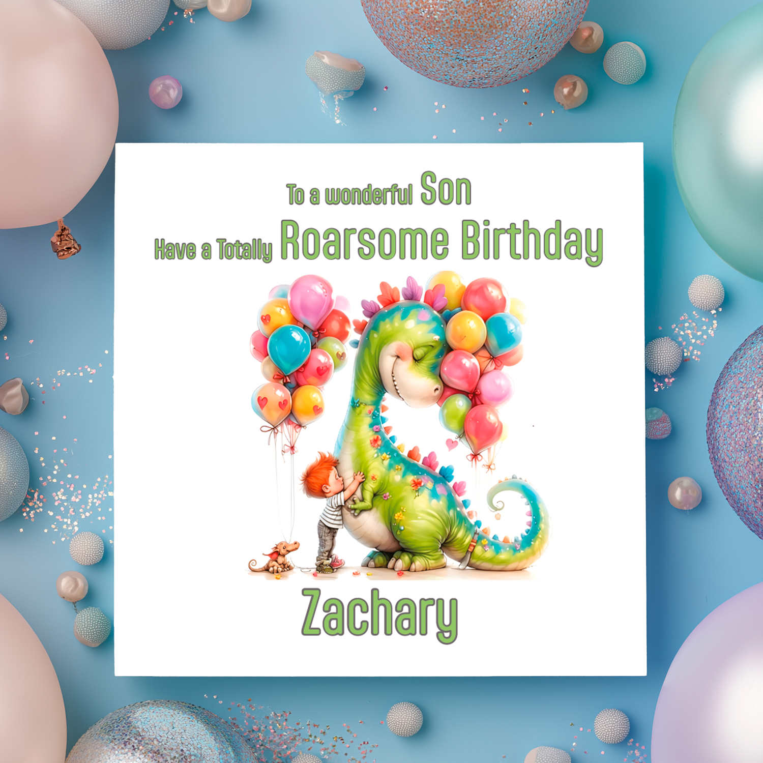 Birthday card with a dinosaur and child illustration, surrounded by balloons on a blue background.