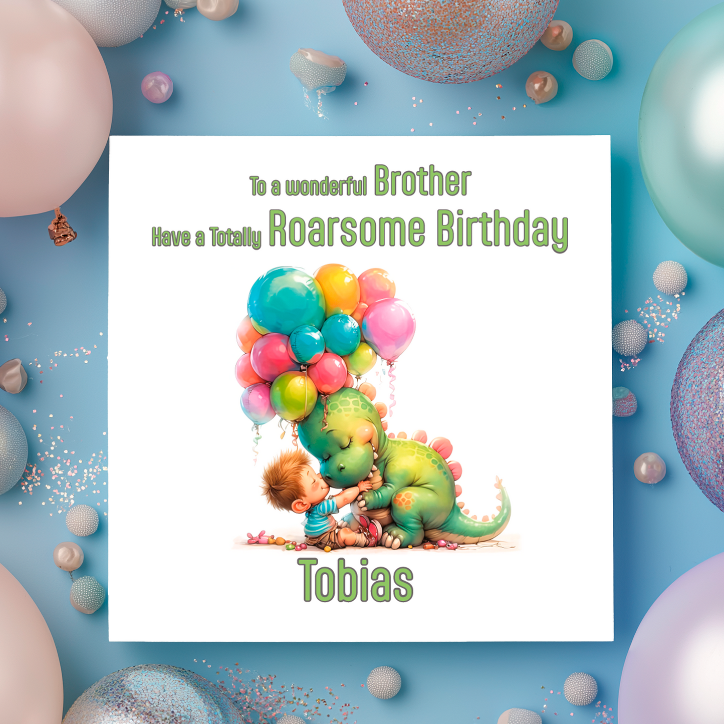 Birthday card with a dinosaur and child illustration, surrounded by balloons on a blue background.