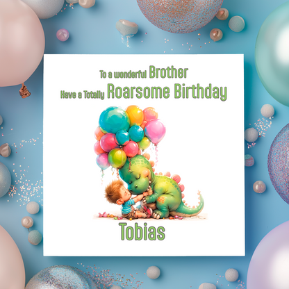 Birthday card with a dinosaur and child illustration, surrounded by balloons on a blue background.
