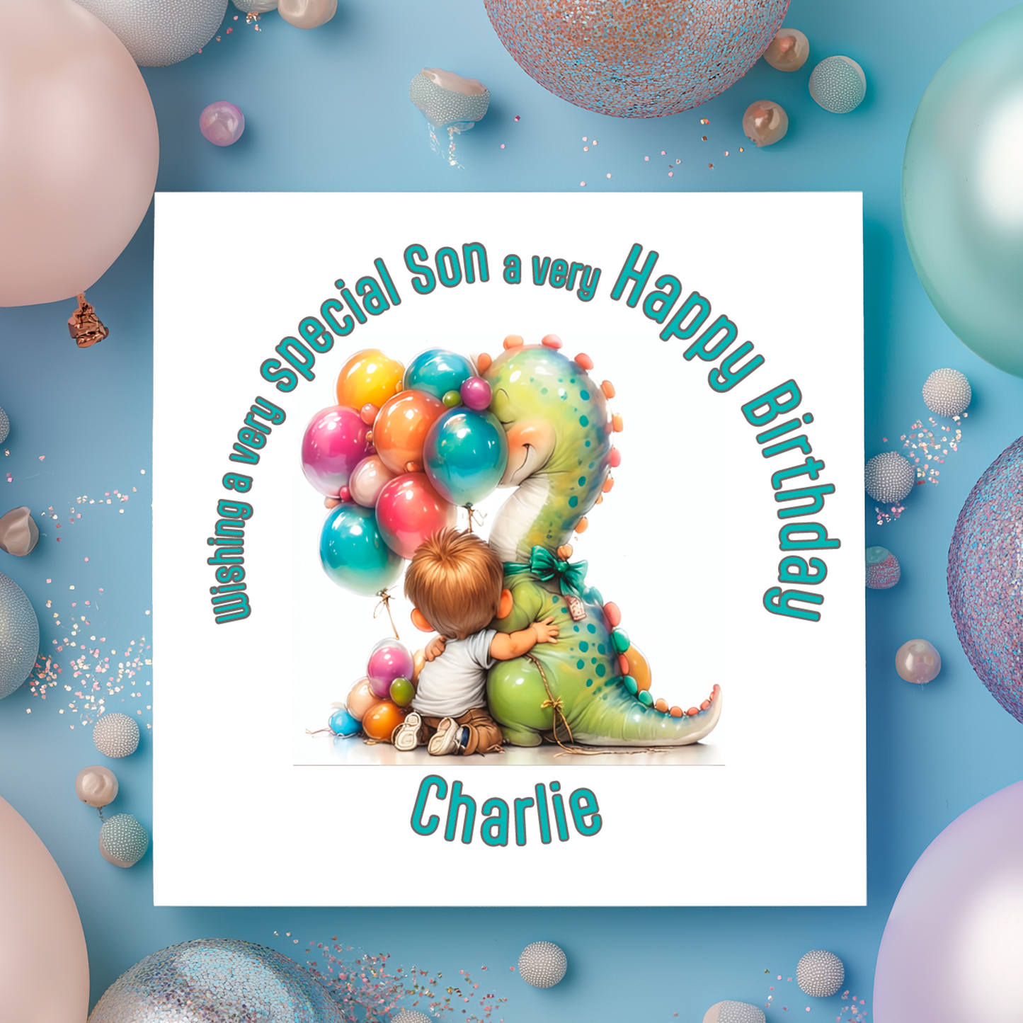 Birthday card with a child and dinosaur holding balloons, surrounded by colorful balloons on a blue background.