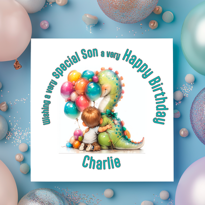 Birthday card with a child and dinosaur holding balloons, surrounded by colorful balloons on a blue background.