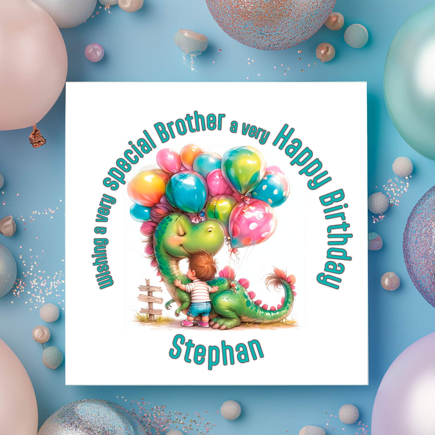 Birthday card with a dinosaur and child holding balloons on a blue background with balloons.