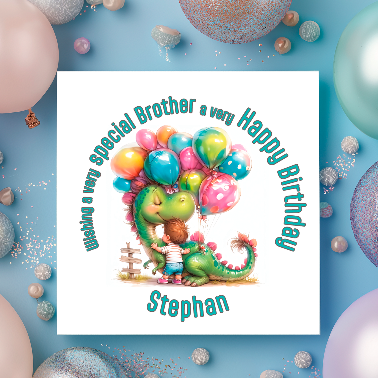 Birthday card with a dinosaur and child holding balloons on a blue background with balloons.