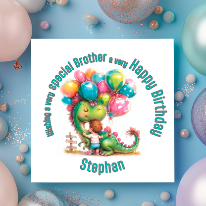 Birthday card with a dinosaur and child holding balloons on a blue background with balloons.