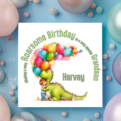 Birthday card with a dinosaur and child with balloons on a blue background with balloons.