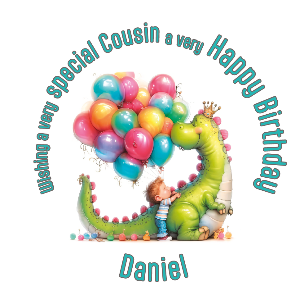Birthday card with a cartoon dinosaur and child holding balloons, text 'Wishing a very special cousin a very Happy Birthday Daniel'. Personalised with name and relation.