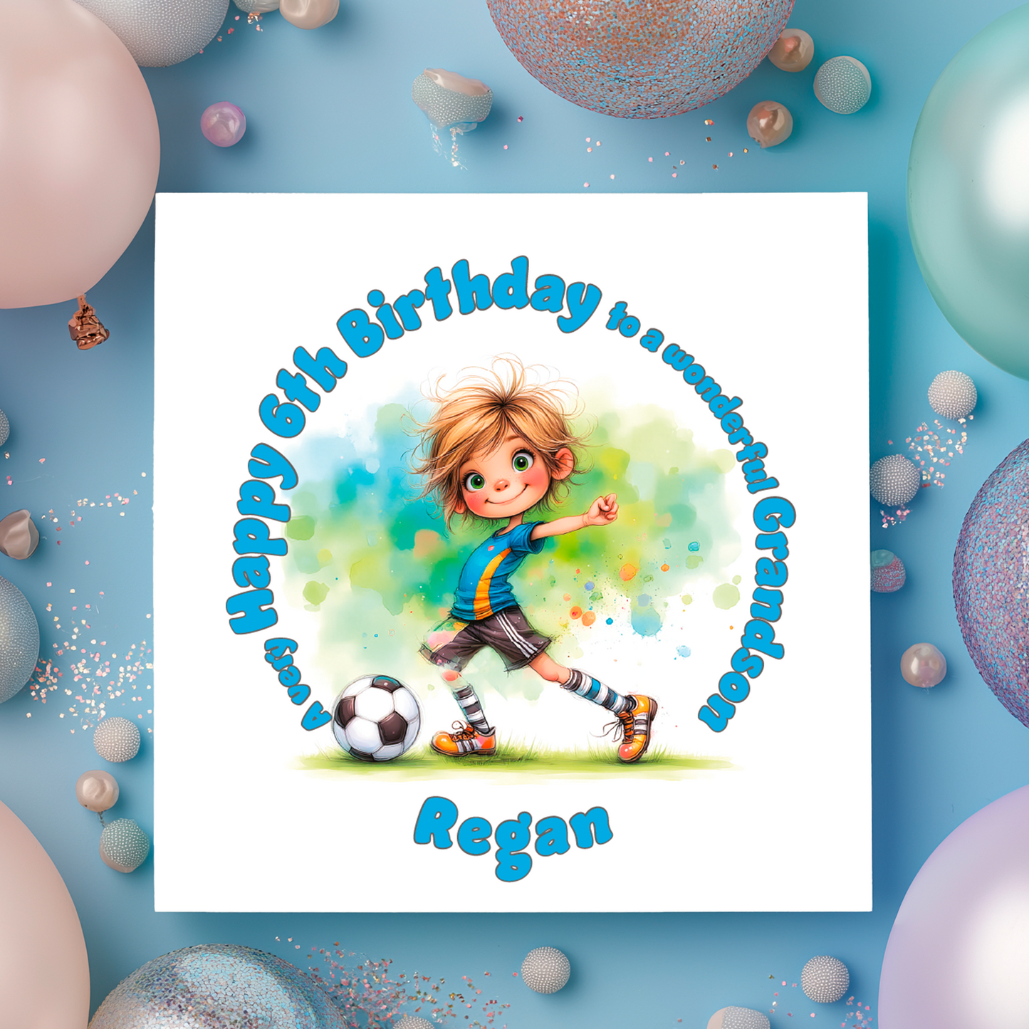 Children's birthday card with a boy playing soccer, surrounded by balloons on a blue background.