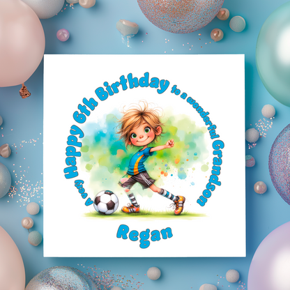 Children's birthday card with a boy playing soccer, surrounded by balloons on a blue background.