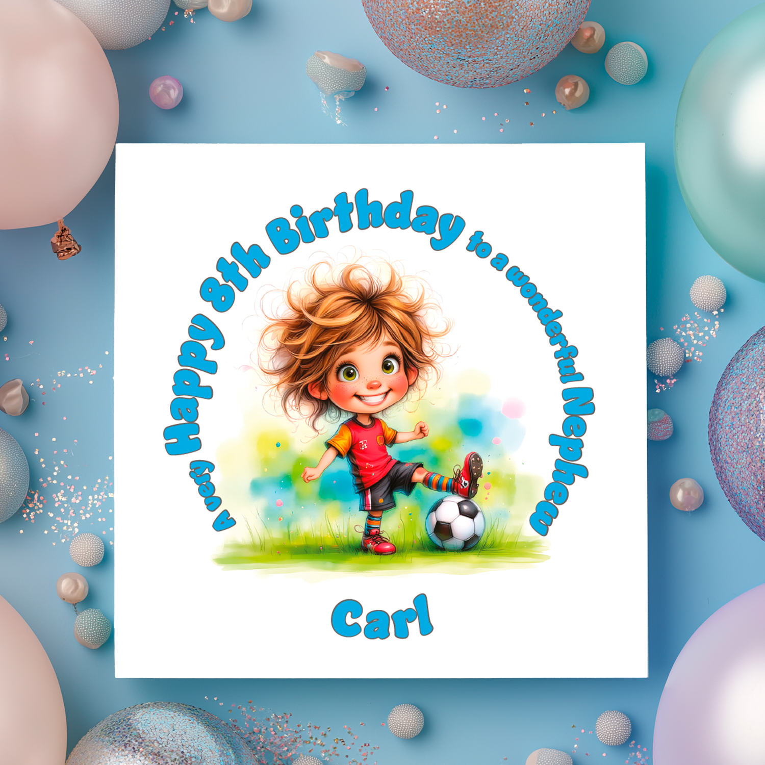 Children's birthday card with a cartoon character playing soccer, surrounded by balloons on a blue background.