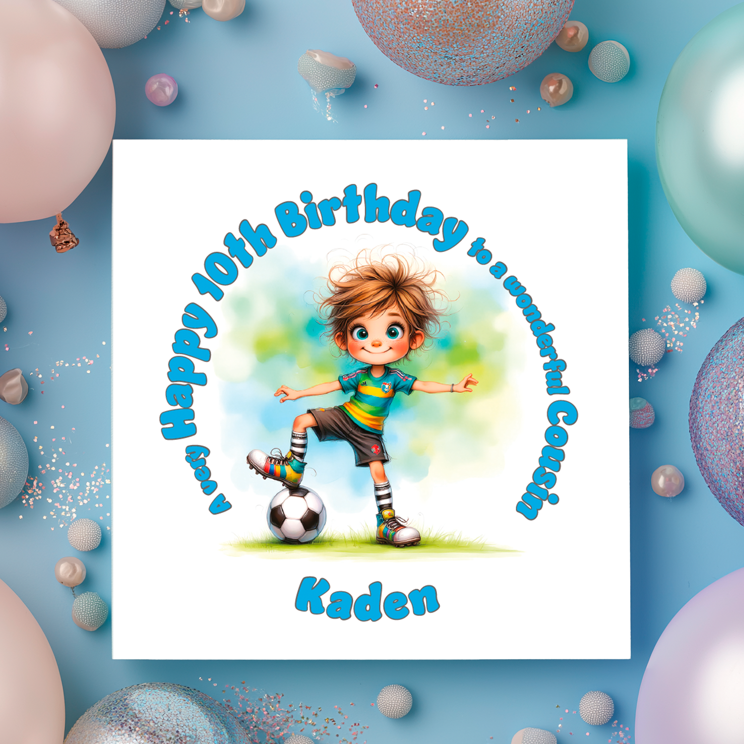 Birthday card with a child playing soccer, surrounded by balloons on a blue background.