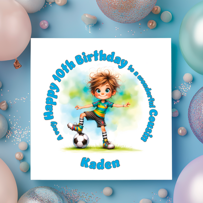 Birthday card with a child playing soccer, surrounded by balloons on a blue background.
