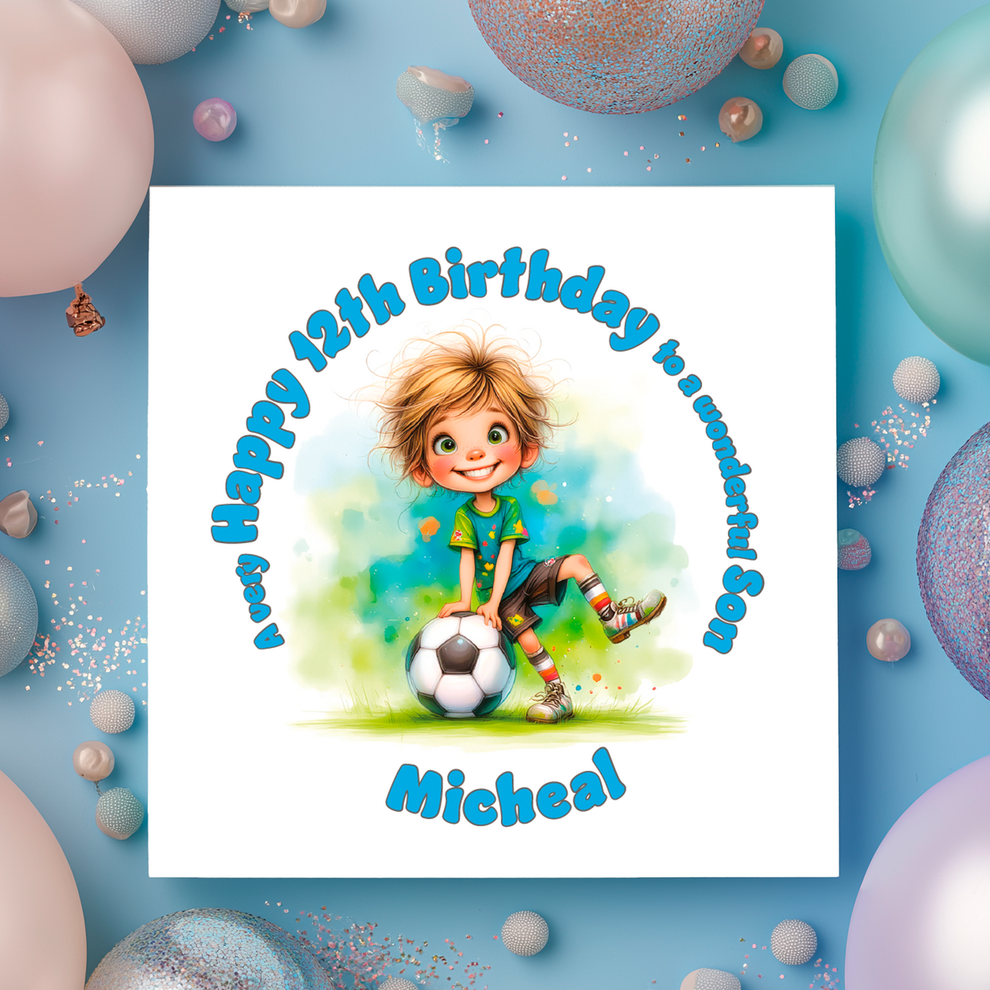 Birthday card with a child playing soccer, surrounded by balloons on a blue background.