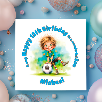 Birthday card with a child playing soccer, surrounded by balloons on a blue background.