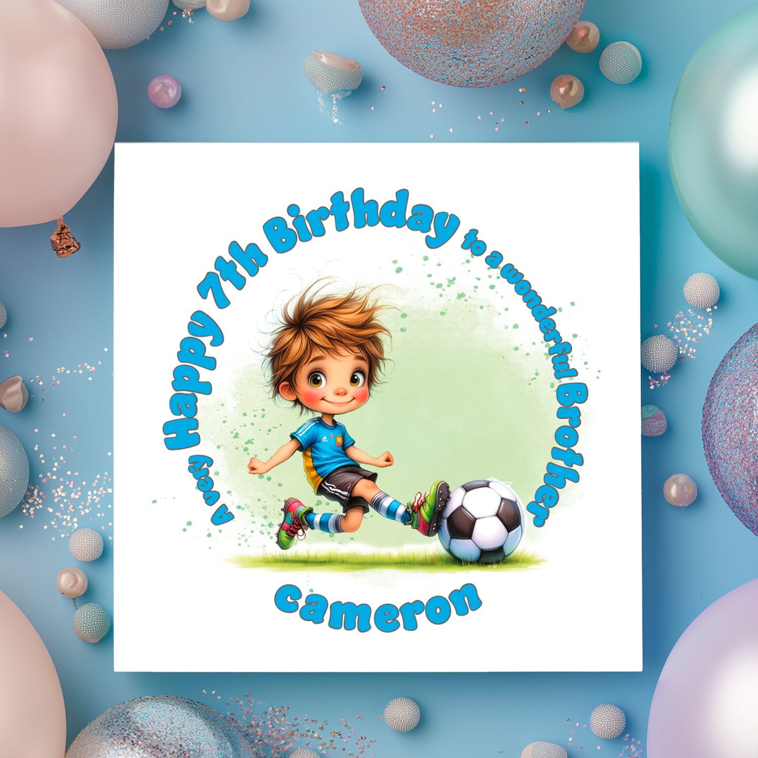 Birthday card with a child playing soccer surrounded by balloons on a blue background