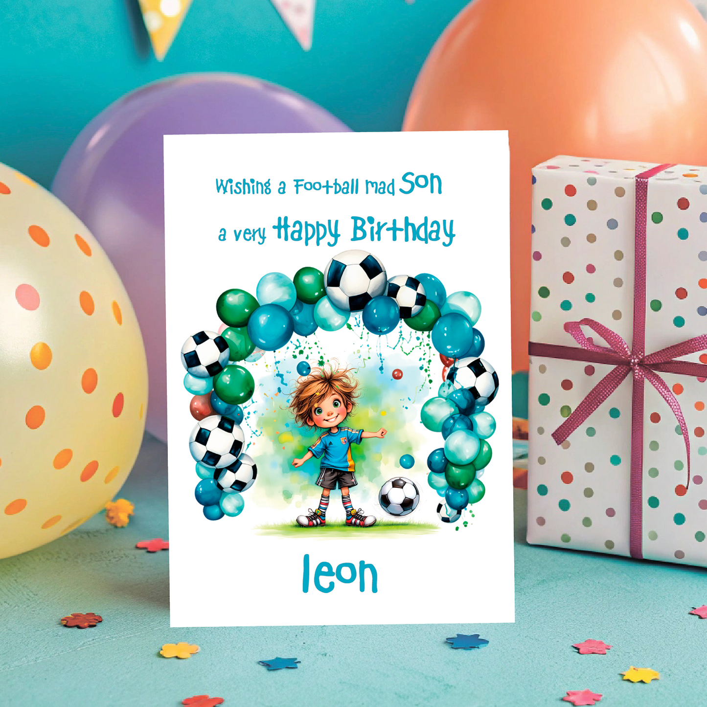 Birthday card with a child and soccer balls, surrounded by balloons and a gift box.