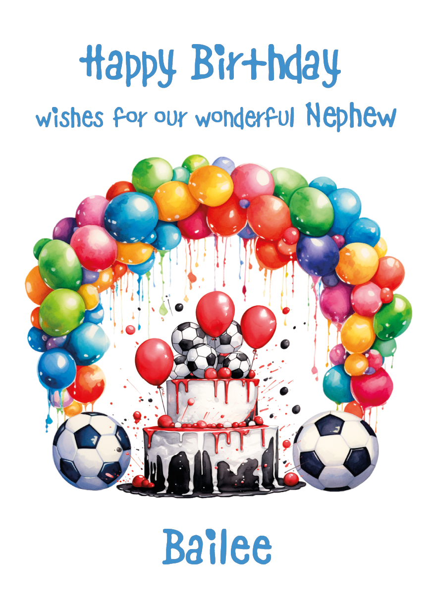 Birthday card with colorful balloons, cake, and soccer balls for a nephew named Bailee. Personalised for name and relation.