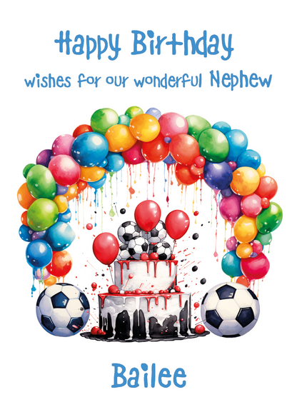 Birthday card with colorful balloons, cake, and soccer balls for a nephew named Bailee. Personalised for name and relation.