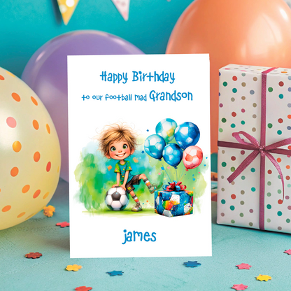 Birthday card for a football mad grandson with balloons and gift, surrounded by colorful balloons and a present.