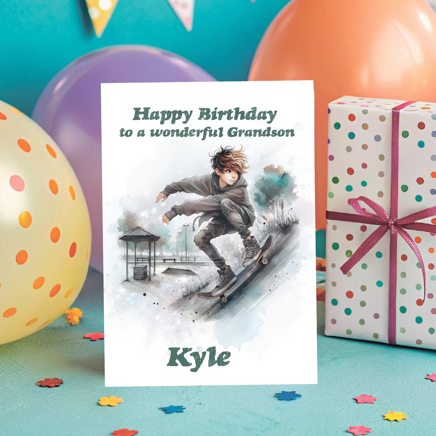 Birthday card for a grandson with colorful balloons and gift box in the background. Personalised for name age and relation.