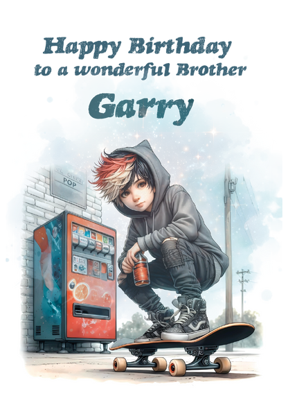 Illustration of a person on a skateboard with a birthday message to 'Garry' in front of a vending machine. Personalised for name age and relation.