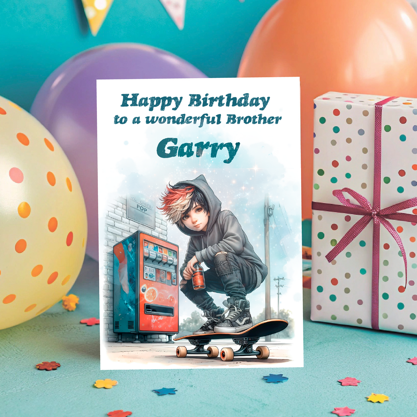 Birthday card with a person on a skateboard, surrounded by balloons and a gift, with 'Happy Birthday to a wonderful Brother Garry' text. Personalised for name age and relation.