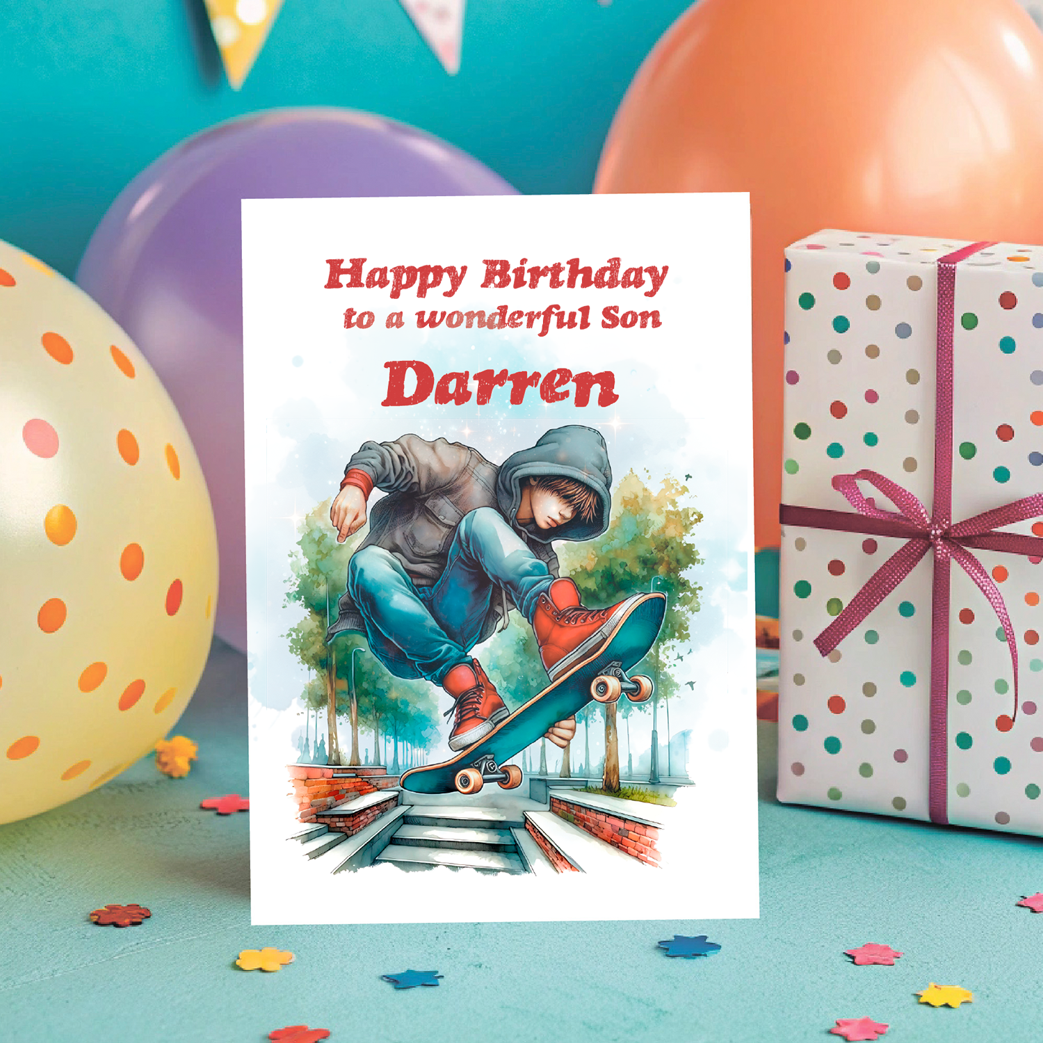 Birthday card with an illustration of a teenage boy pulling a stunt on a skateboard with personalised text on a blue background with balloons and presents