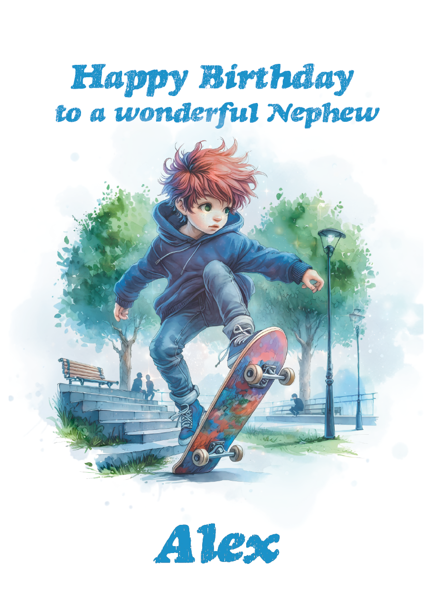 Birthday card with an animated character skateboarding, text 'Happy Birthday to a wonderful Nephew Alex' on a light blue background.Personalised for name age and relation.