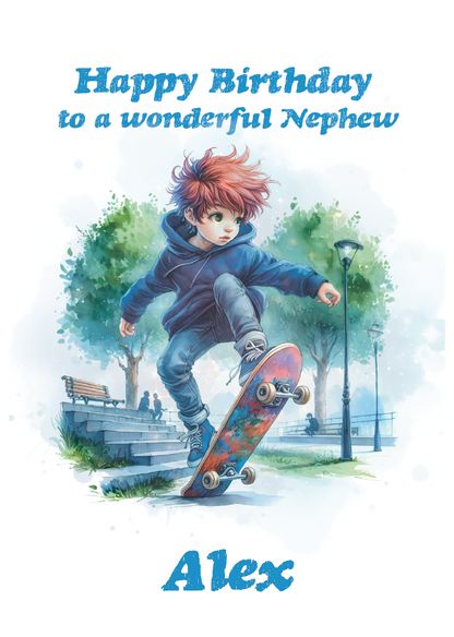 Birthday card with an animated character skateboarding, text 'Happy Birthday to a wonderful Nephew Alex' on a light blue background.Personalised for name age and relation.