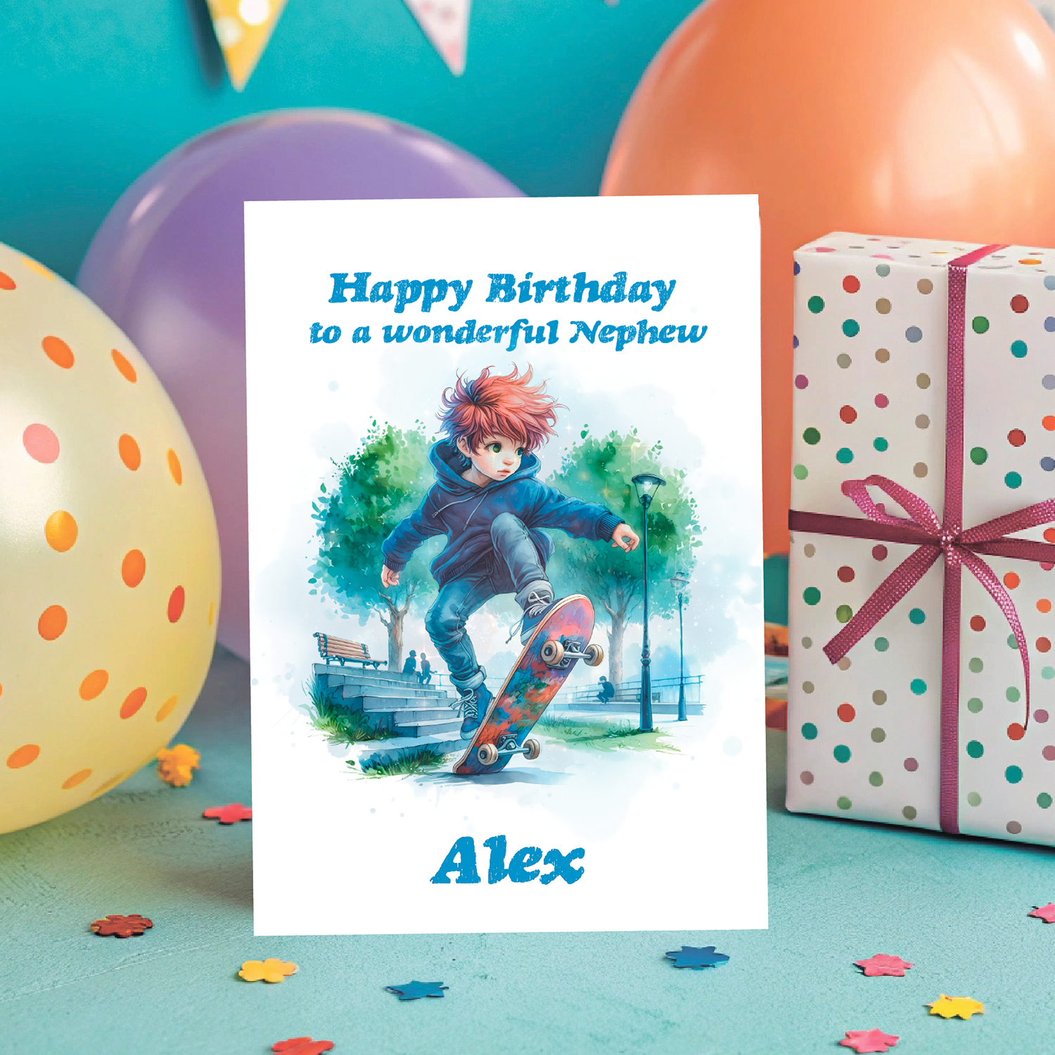 Birthday card with an illustration of a red haired boy pulling a stunt on his skateboard. for a nephew with colorful balloons and gift box in the background
