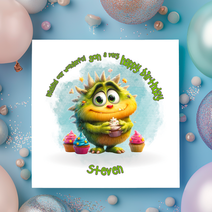 Birthday card with a cartoon monster holding cupcakes on a blue background with balloons. Personalised for name and relation.