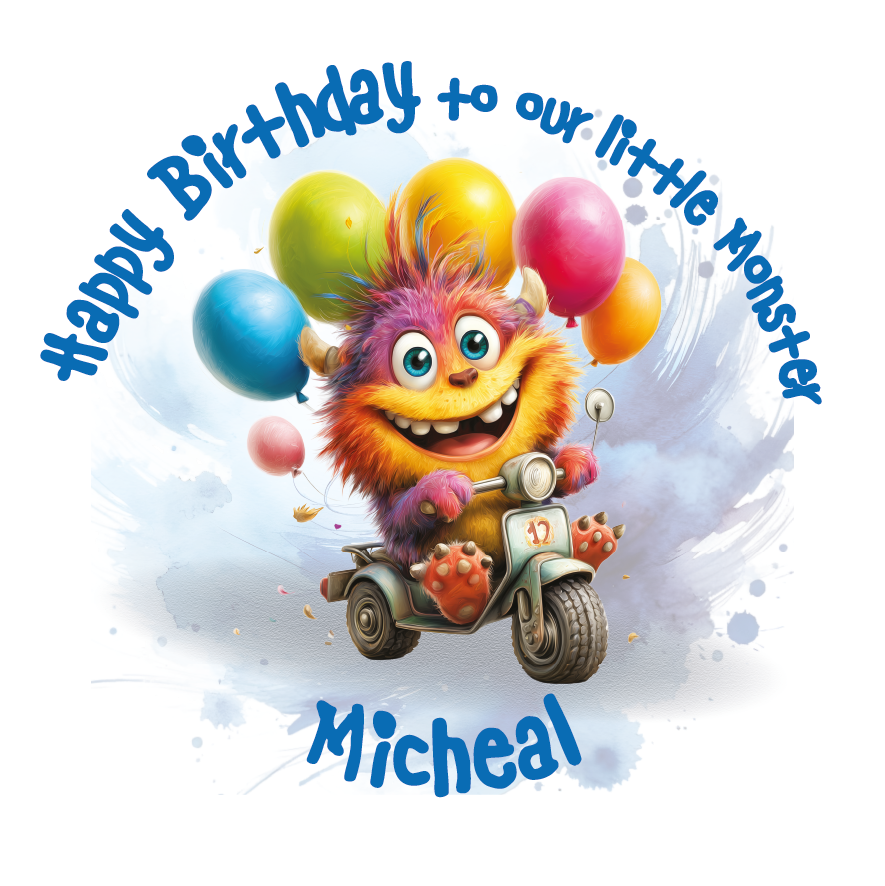 Colorful cartoon monster on a scooter with balloons and 'Happy Birthday to our little monster' text. Personalised for name and relation.