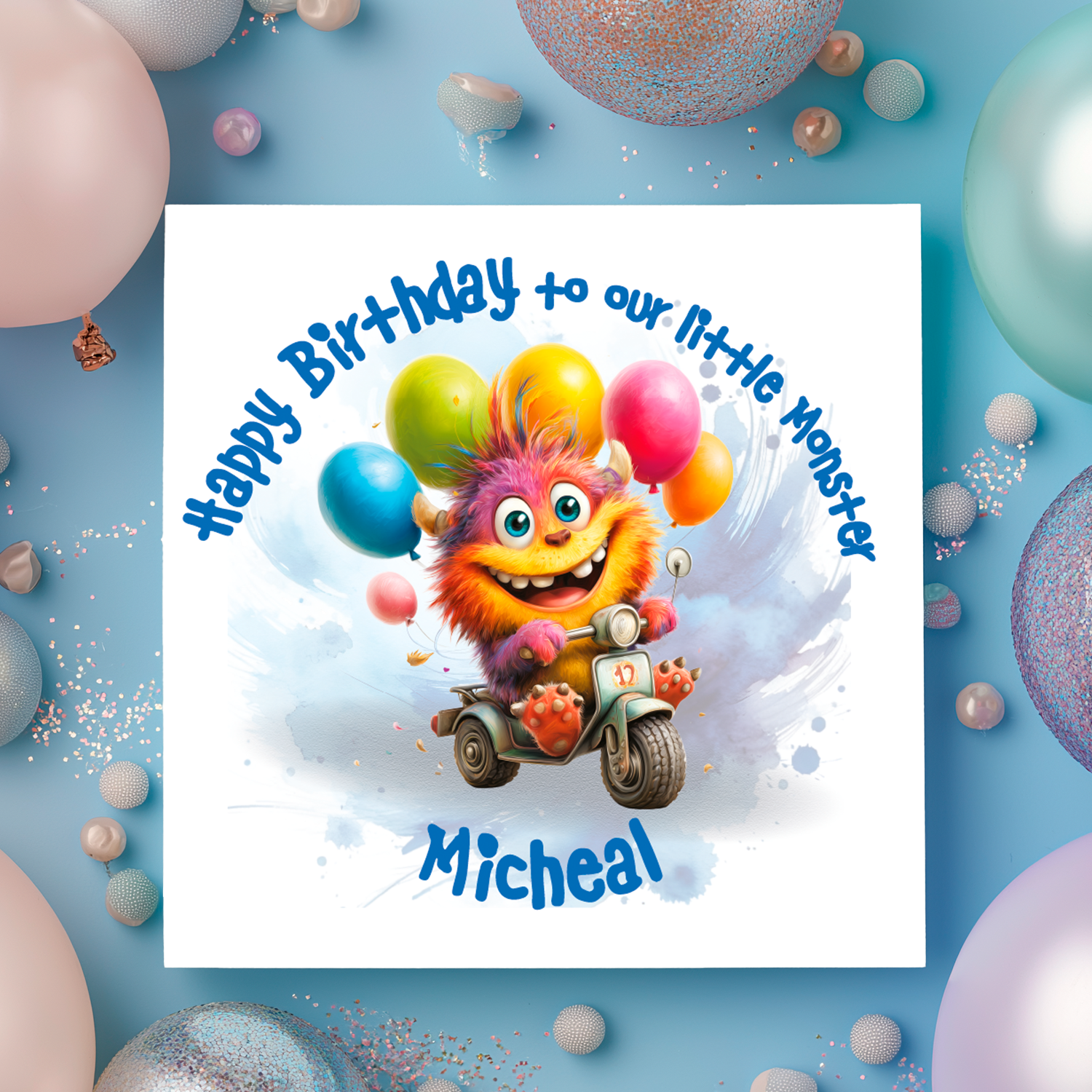 Birthday card with a colorful monster character and balloons on a blue background. Personalised for name and relation.