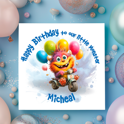 Birthday card with a colorful monster character and balloons on a blue background. Personalised for name and relation.