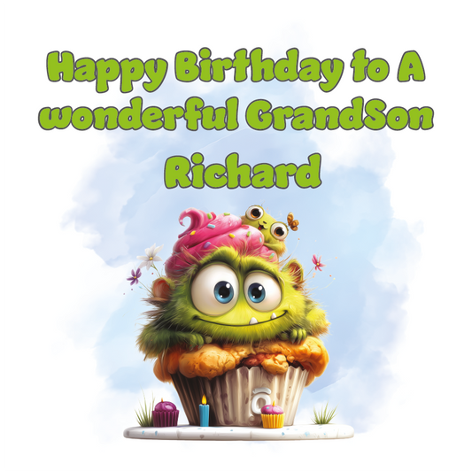 Illustration Of a green monster in a cupcake  with personalised name and relation birthday wishes.