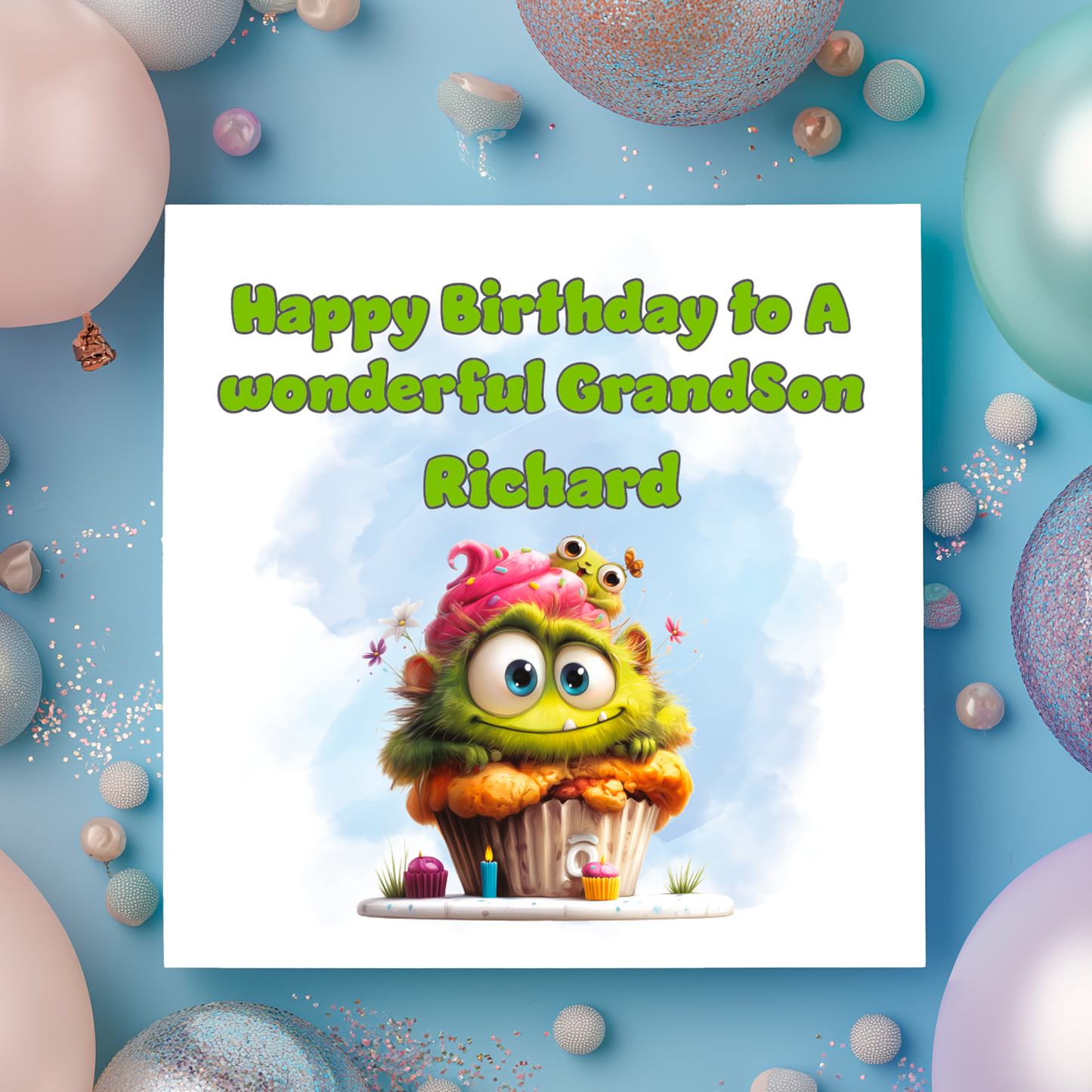 Birthday card with a cartoon monster cupcake and balloons on a blue background Personalised for name and relation.