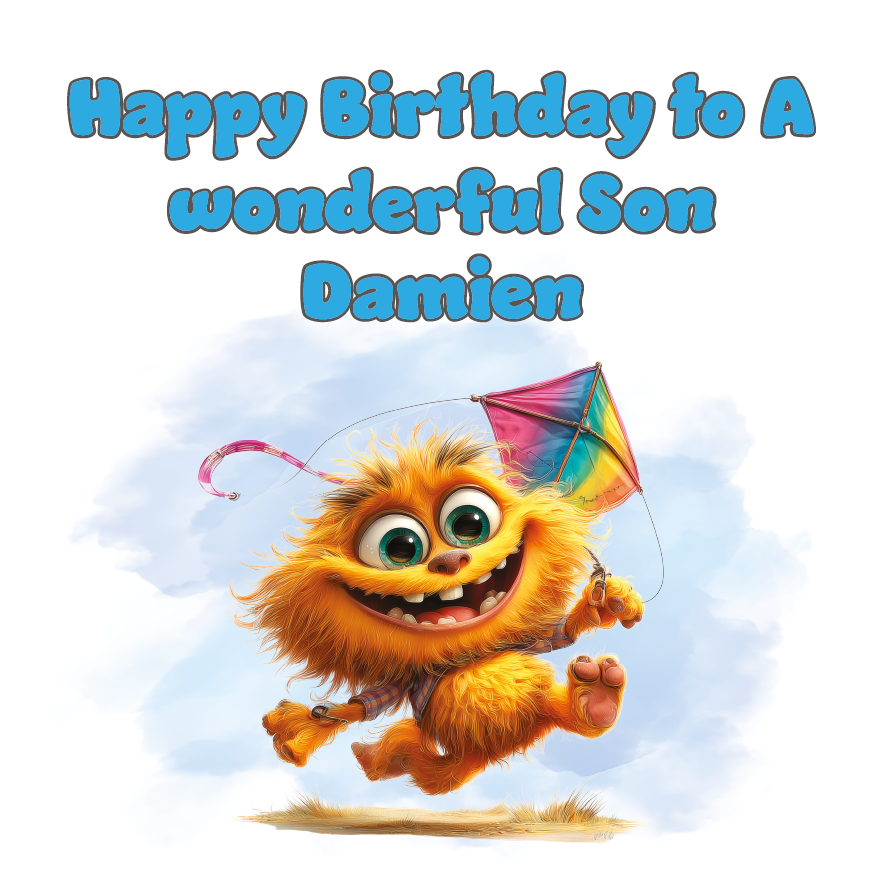 Illustration of an orange monster  with a rainbow kite and 'Happy Birthday to A wonderful Son Damien' text on a light blue background. Personalised for name and relation.