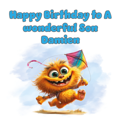 Illustration of an orange monster  with a rainbow kite and 'Happy Birthday to A wonderful Son Damien' text on a light blue background. Personalised for name and relation.