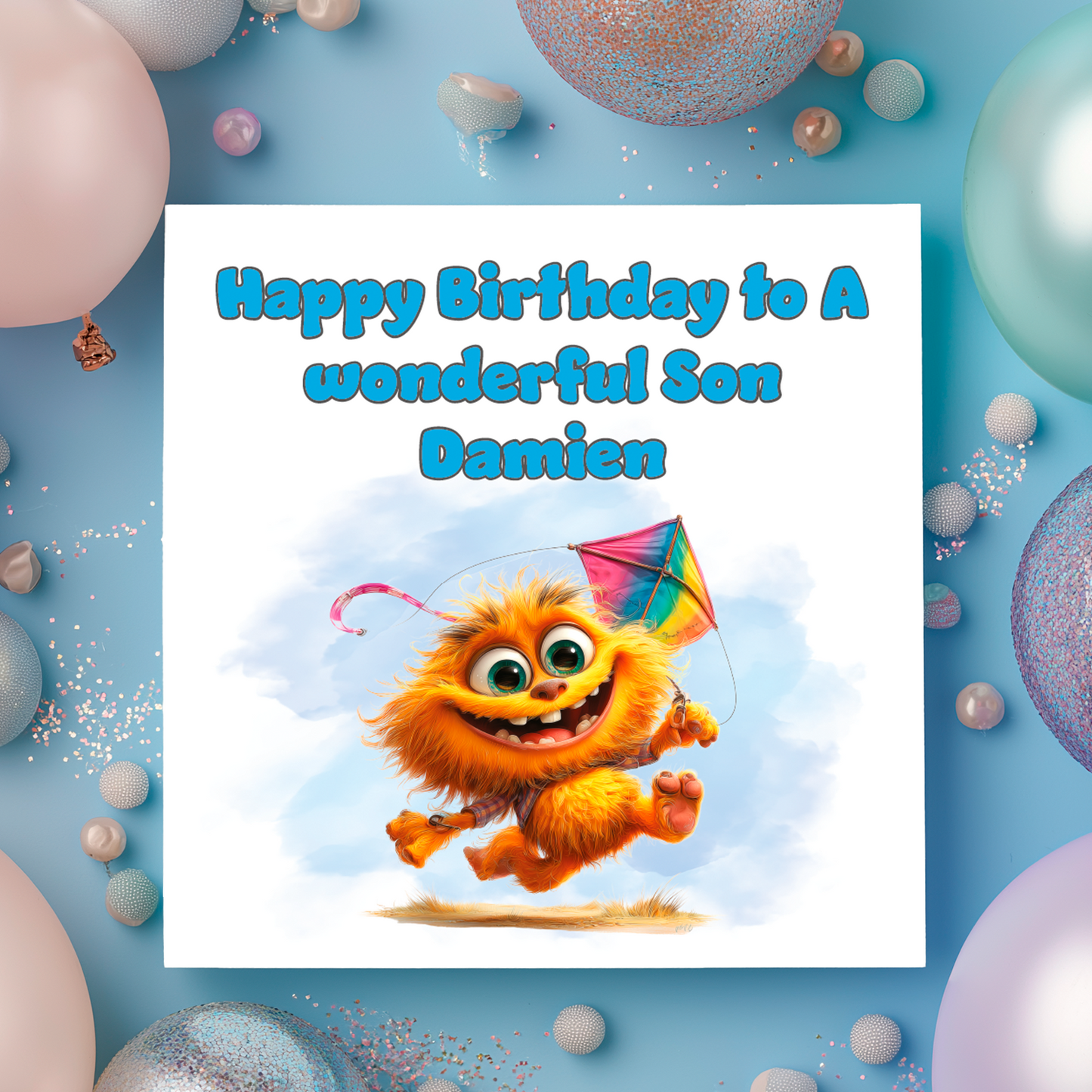 Birthday card with a cartoon character holding a kite, surrounded by colorful balloons on a blue background. Personalised for name and relation.