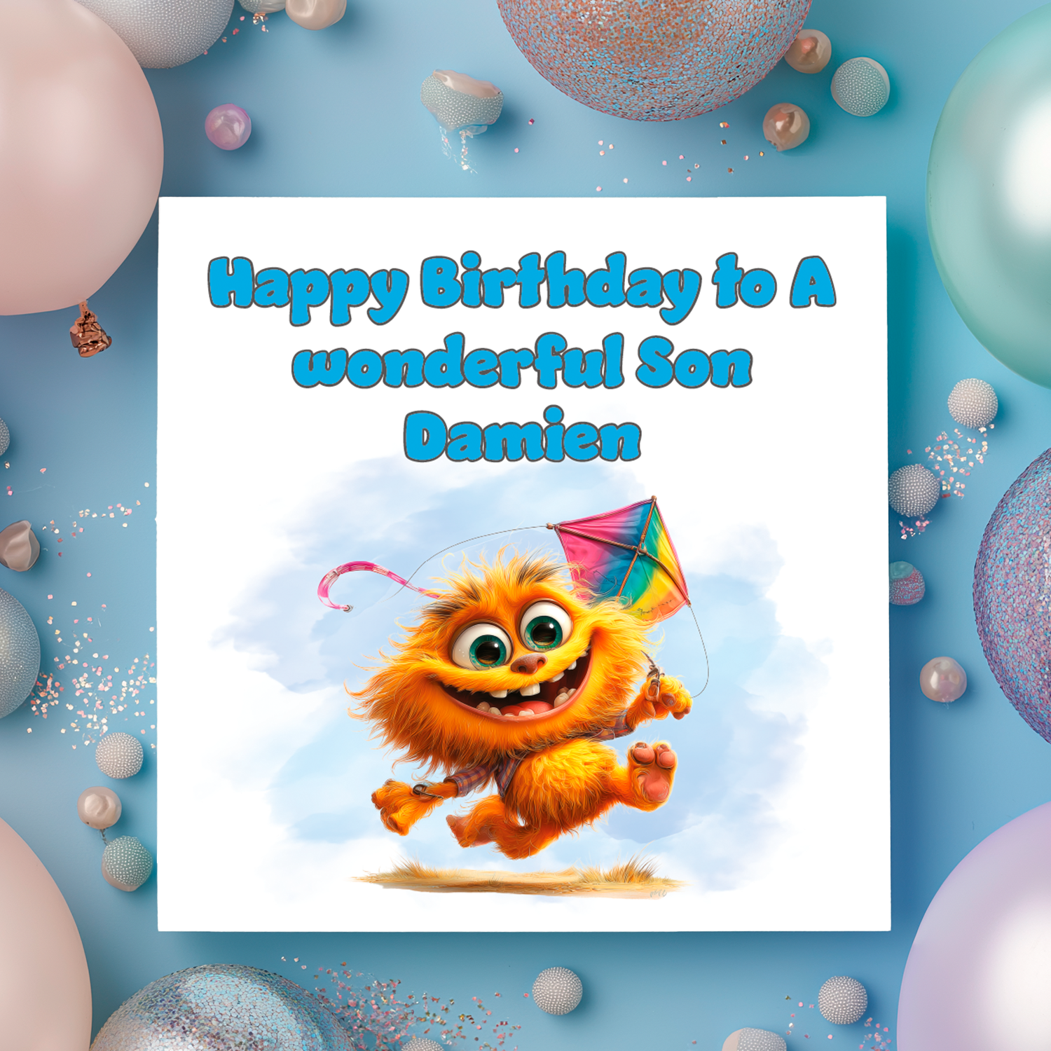 Birthday card with a cartoon character holding a kite, surrounded by colorful balloons on a blue background. Personalised for name and relation.