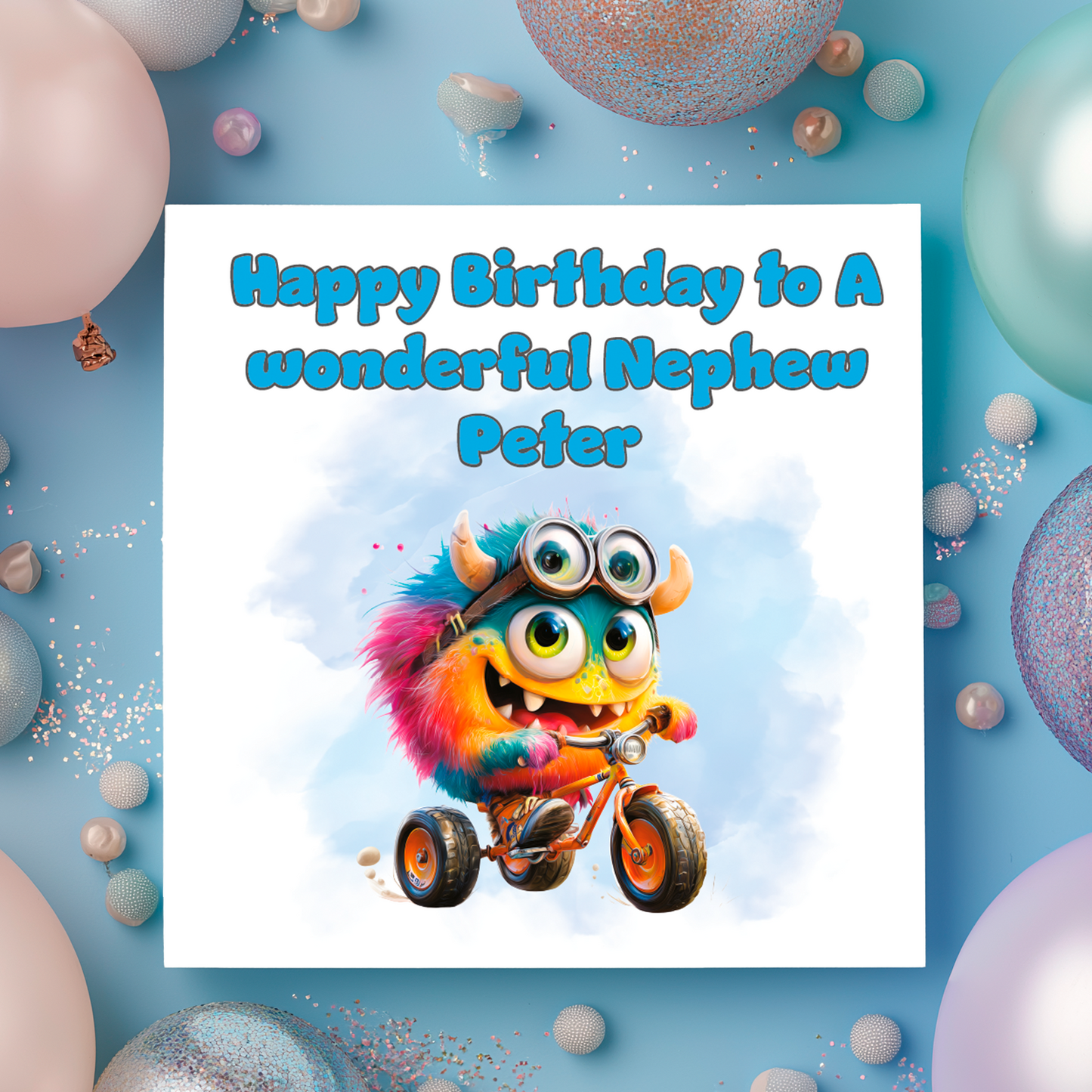 Birthday card with a colorful monster character and balloons on a blue background Personalised for name and relation.