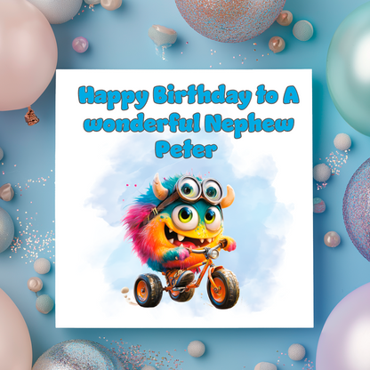 Birthday card with a colorful monster character and balloons on a blue background Personalised for name and relation.